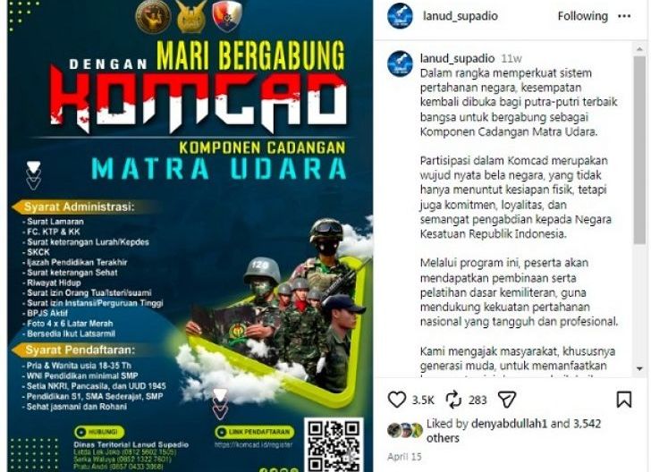 Photo of Pendaftaran Komcad Matra Udara Dibuka Hingga 16 Juli 2026, Lanud Supadio Ajak Generasi Muda Ambil Bagian Bela Negara